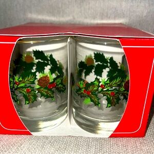 NOS Set Of 4 Libbey Holly Berry Rocks Crystal Tumblers Old Fashioned Glasses